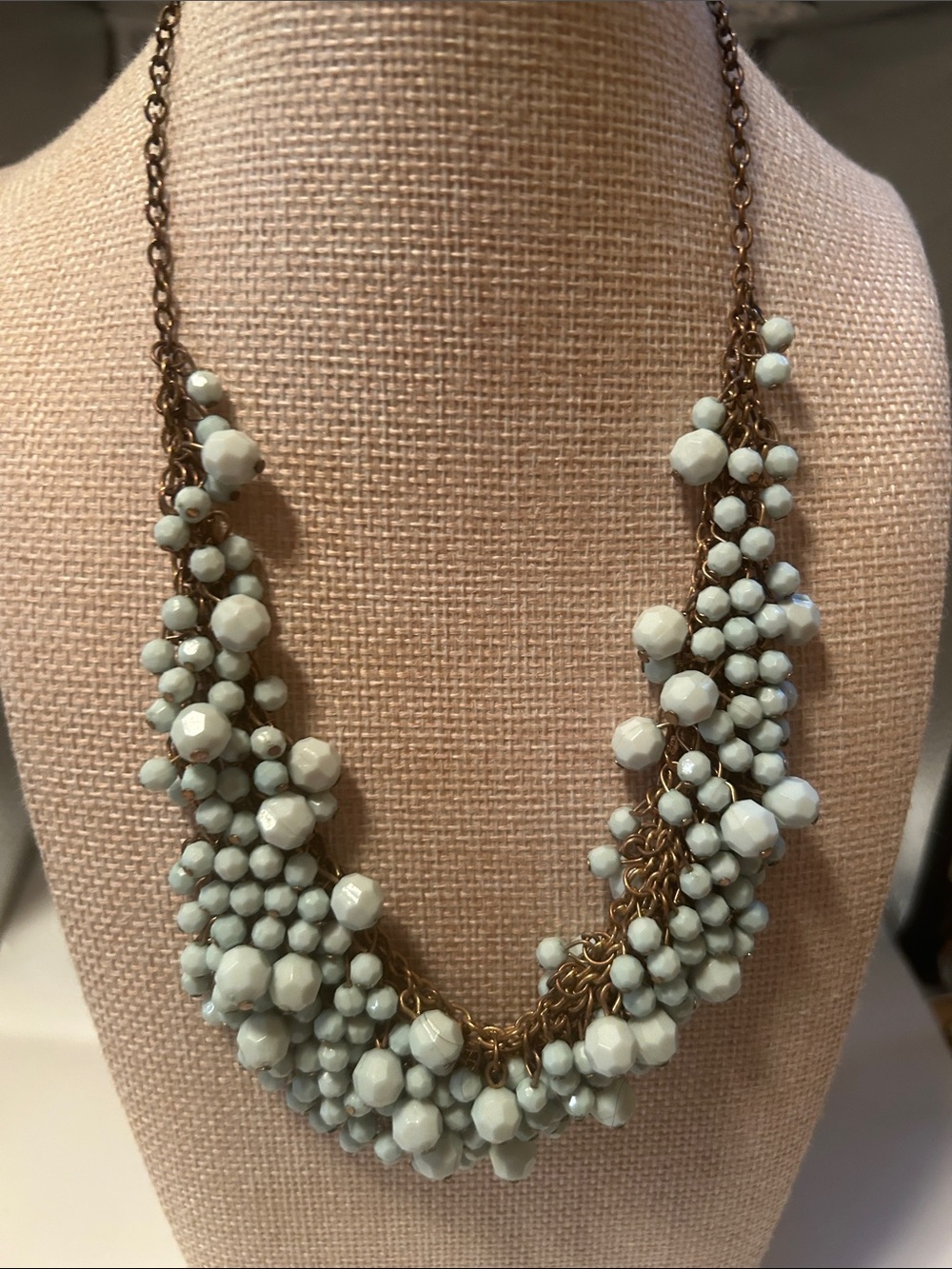 Bronze tone necklace link chain faceted blue green bubble acrylic beads boho